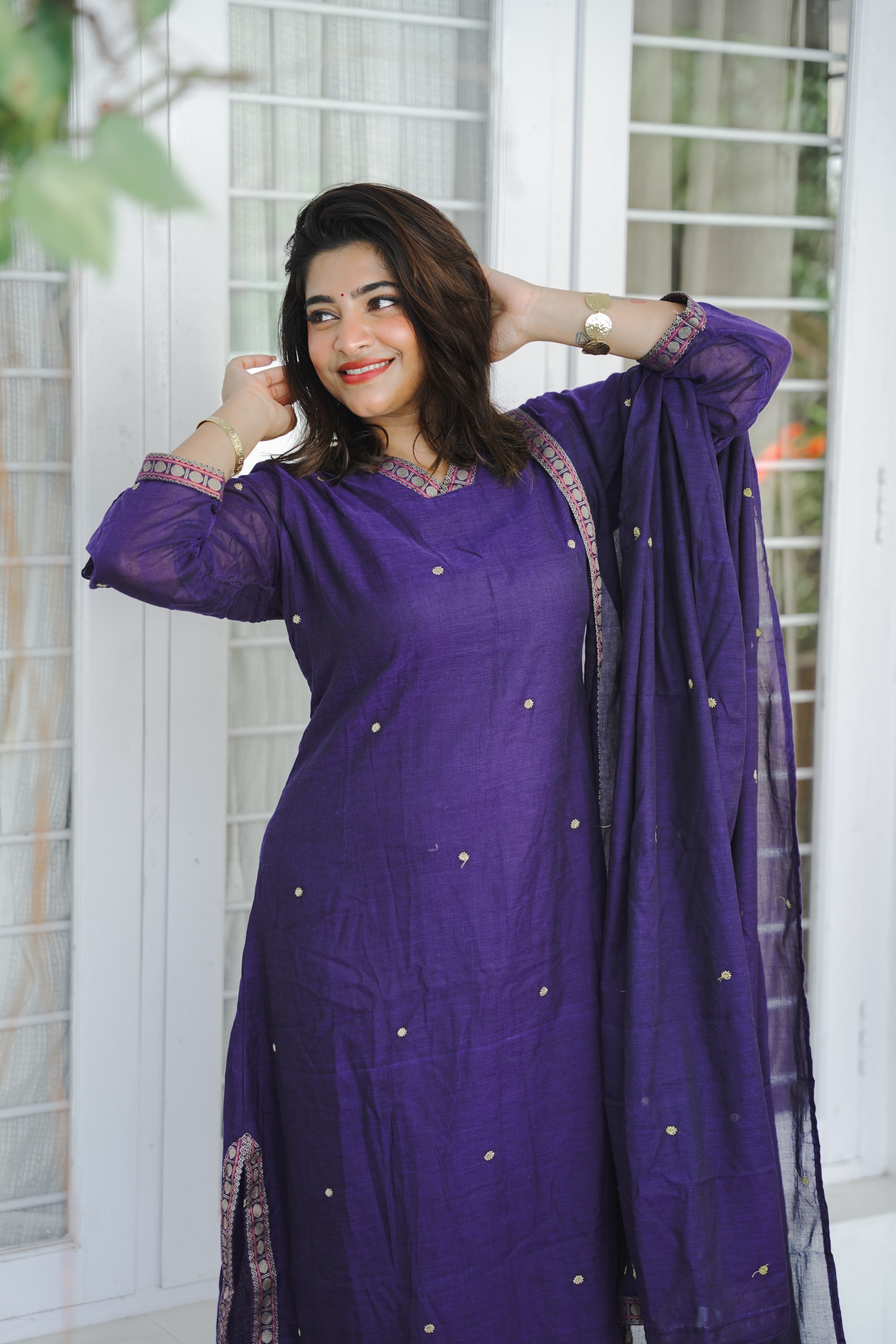 Purple narayanpet kurta dupatta set