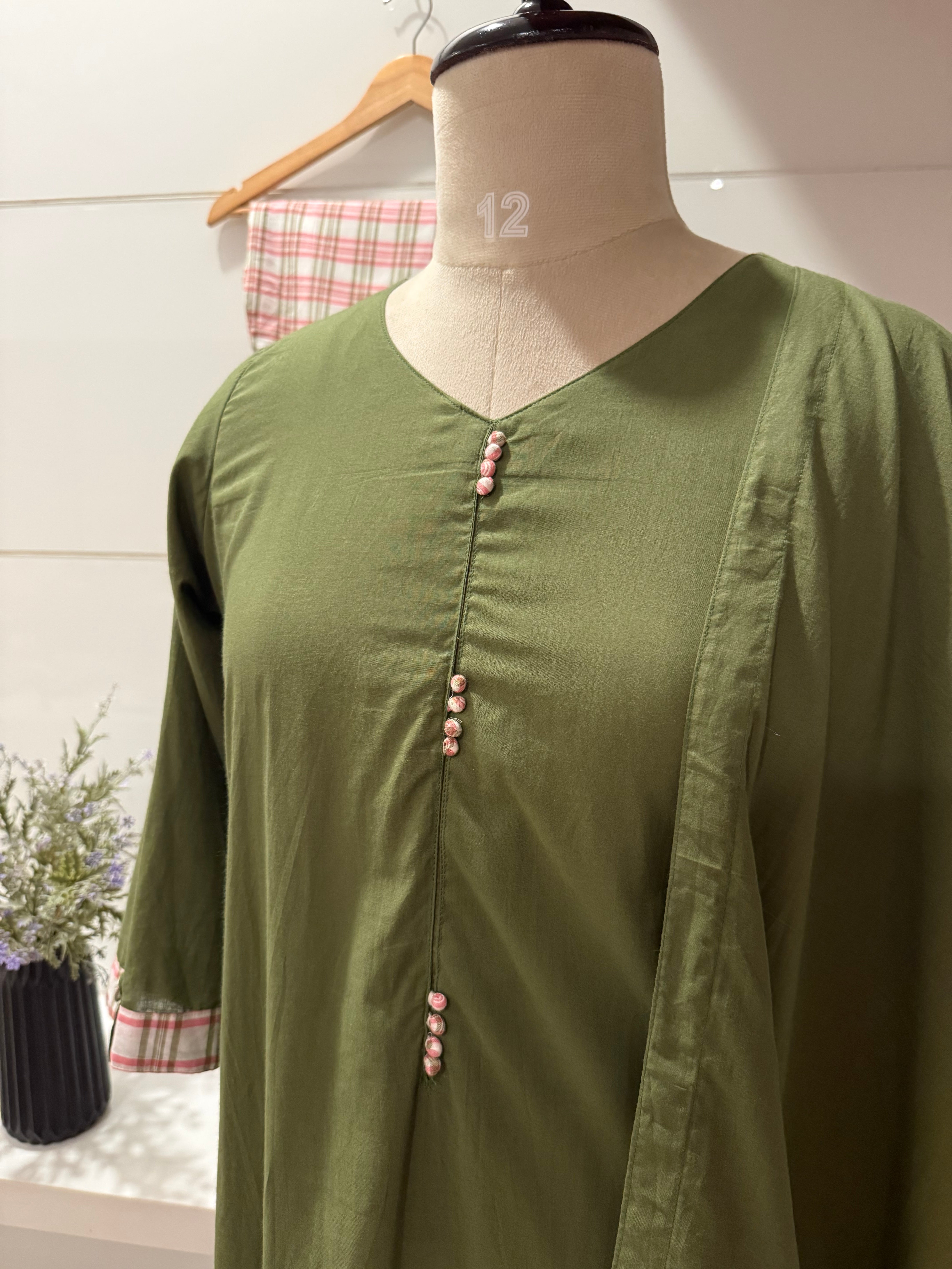 Olive green checks suit set