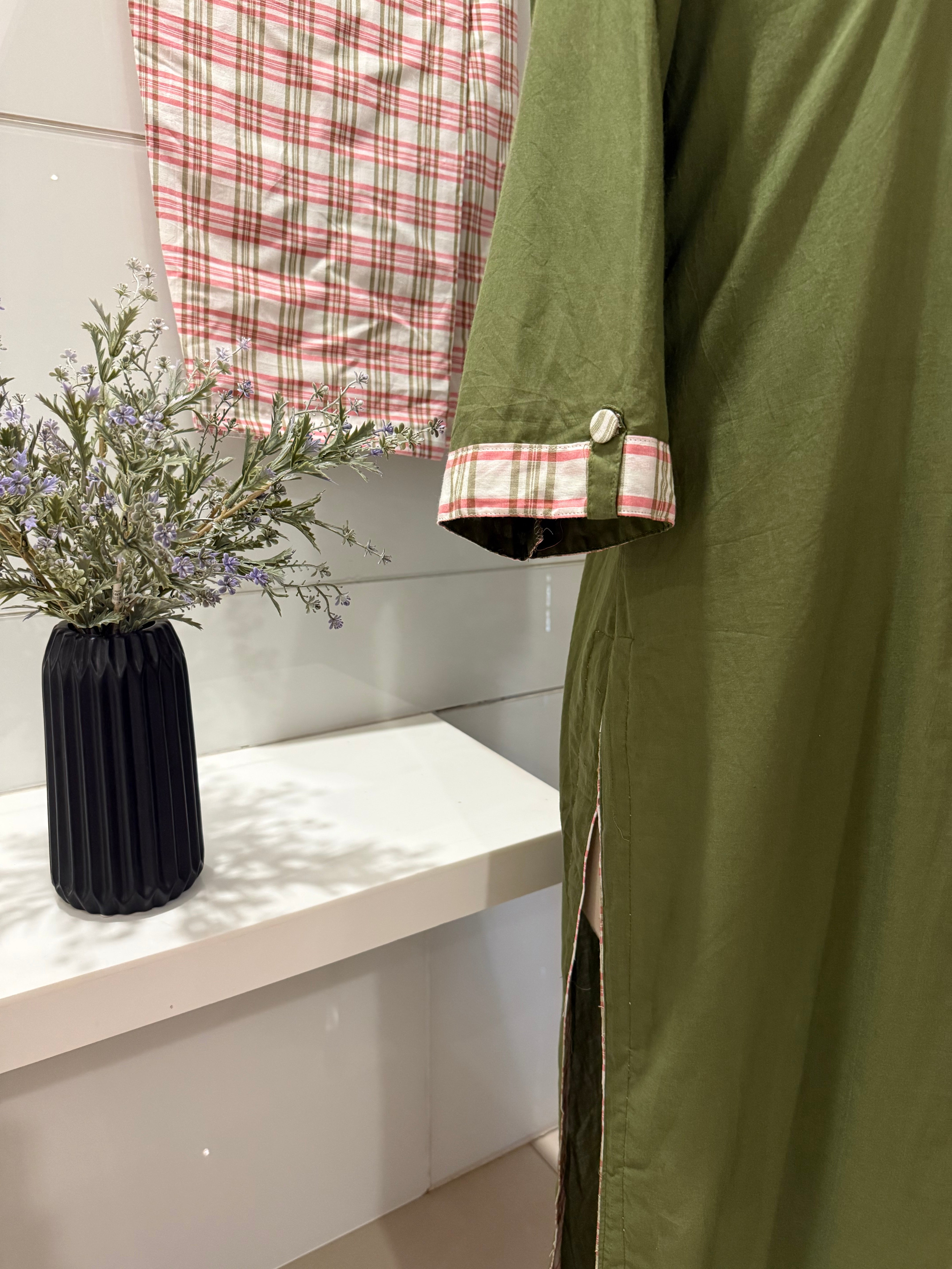 Olive green checks suit set