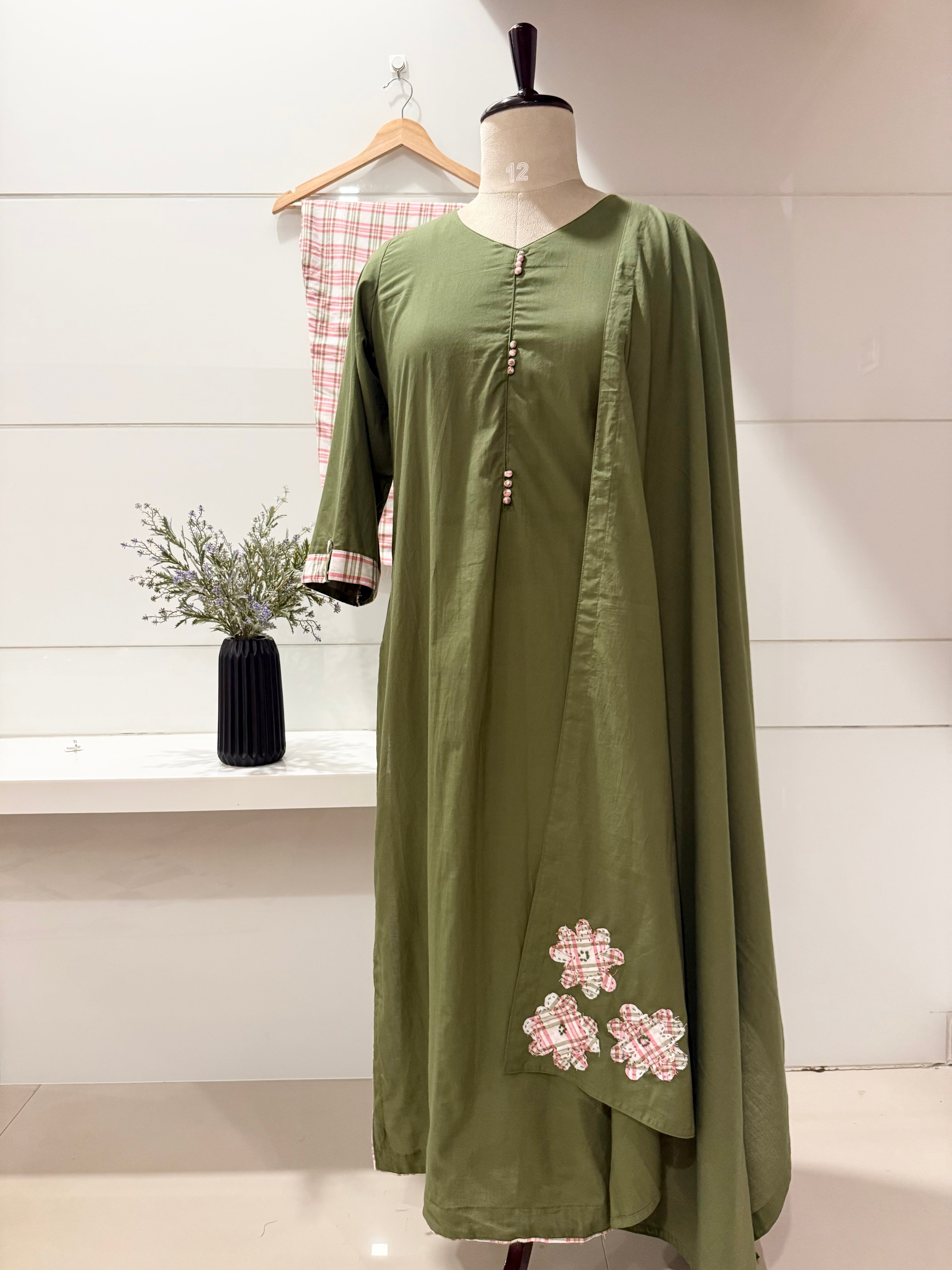 Olive green checks suit set